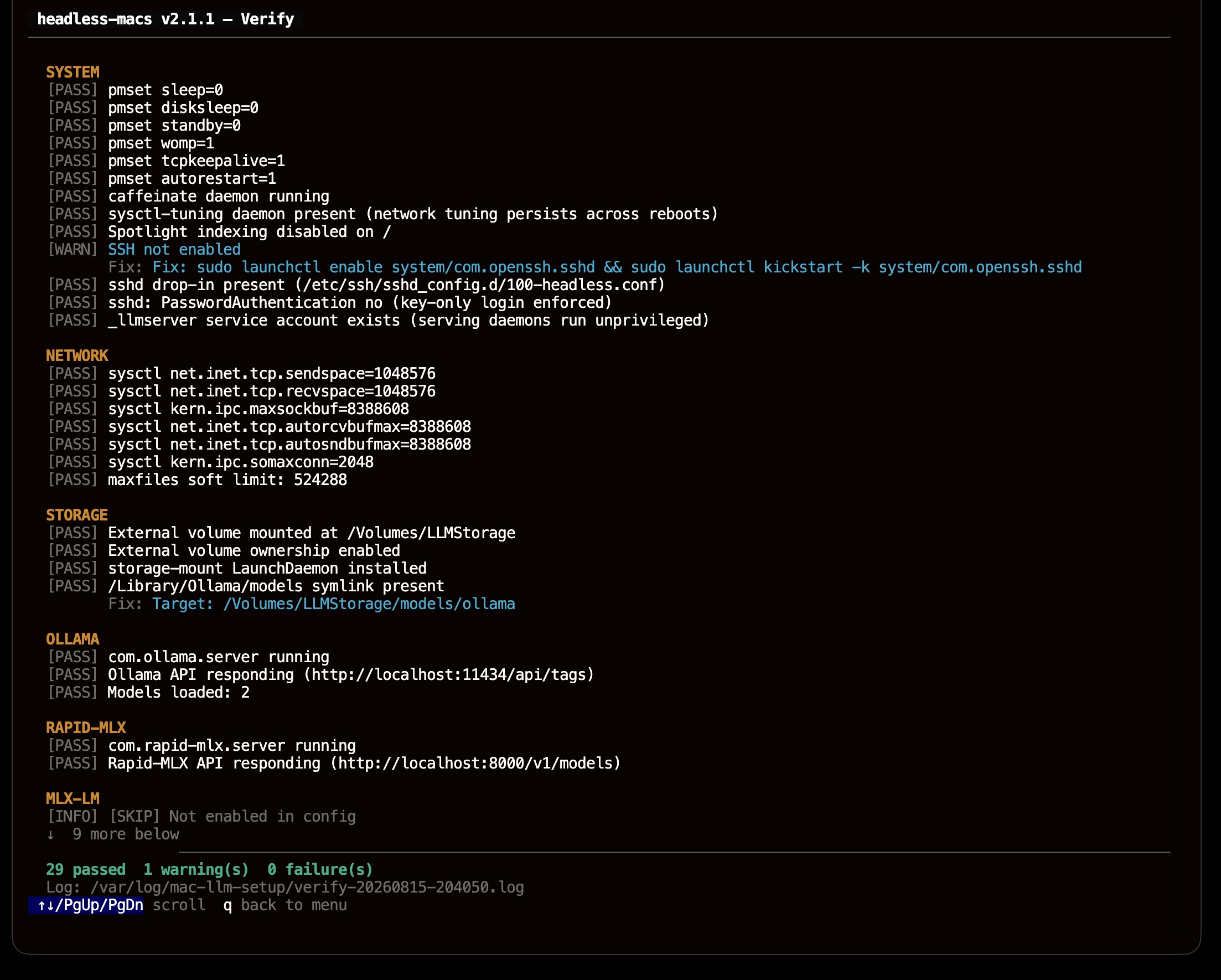 Verify screen showing 29 checks passed on a configured node