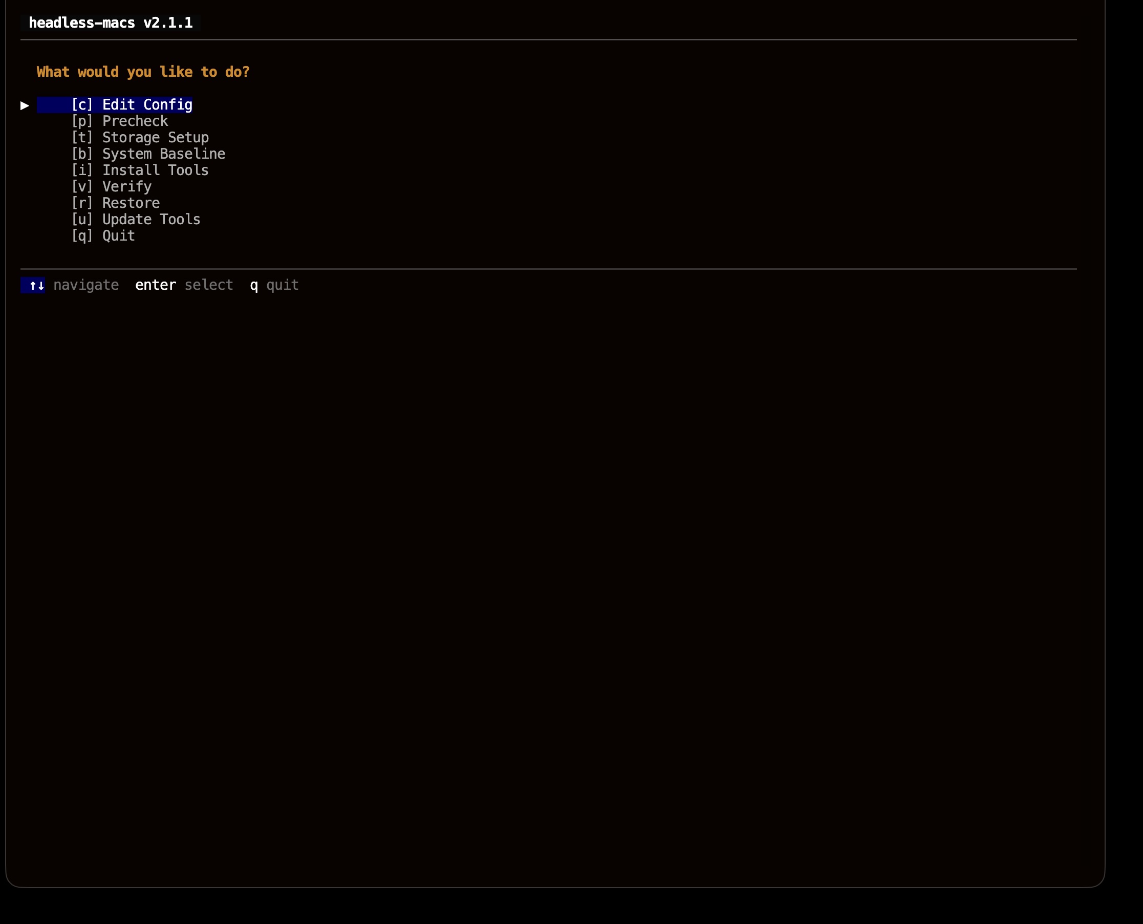 headless-macs main menu
