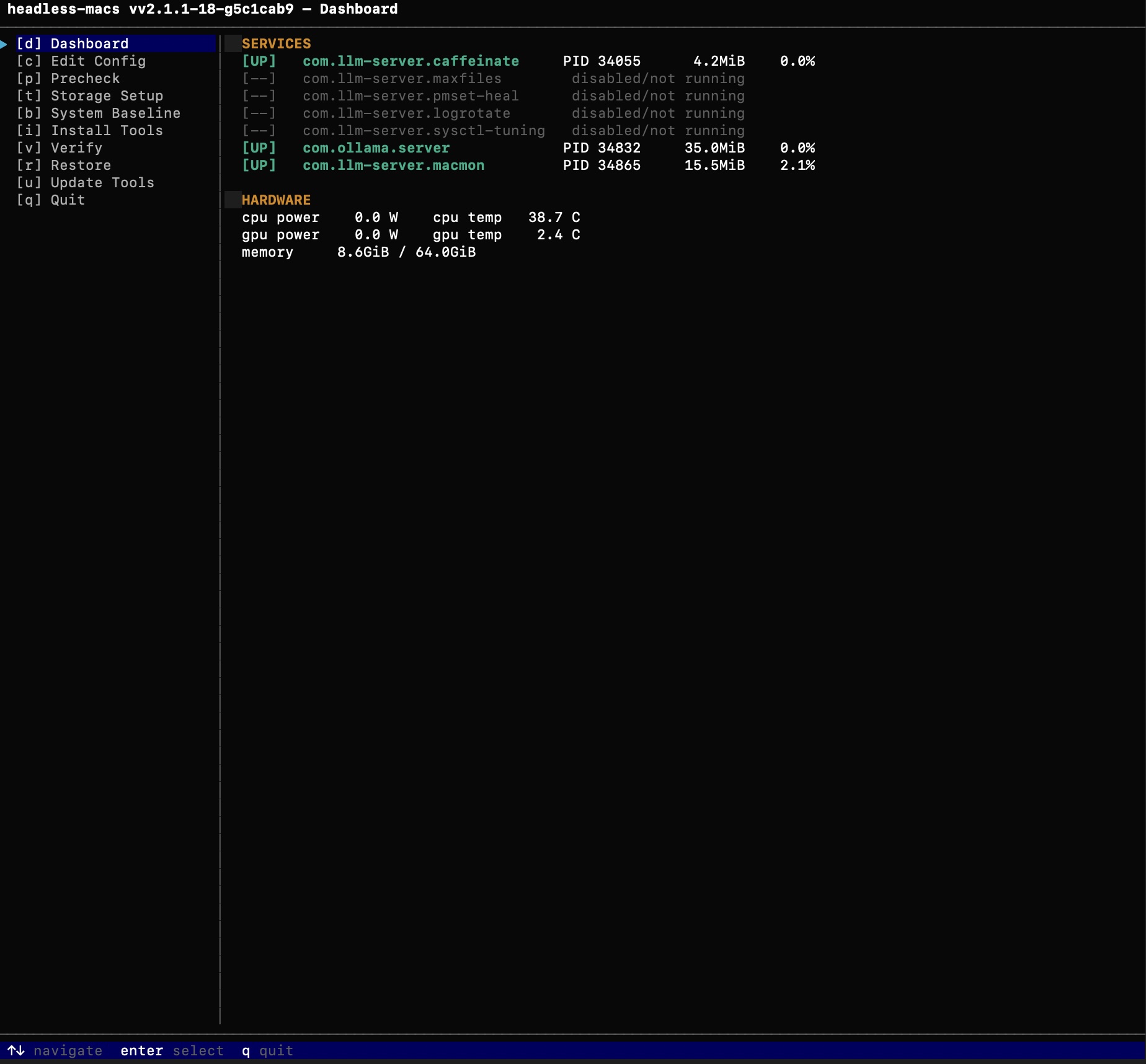 Dashboard screen showing running daemons and live hardware telemetry