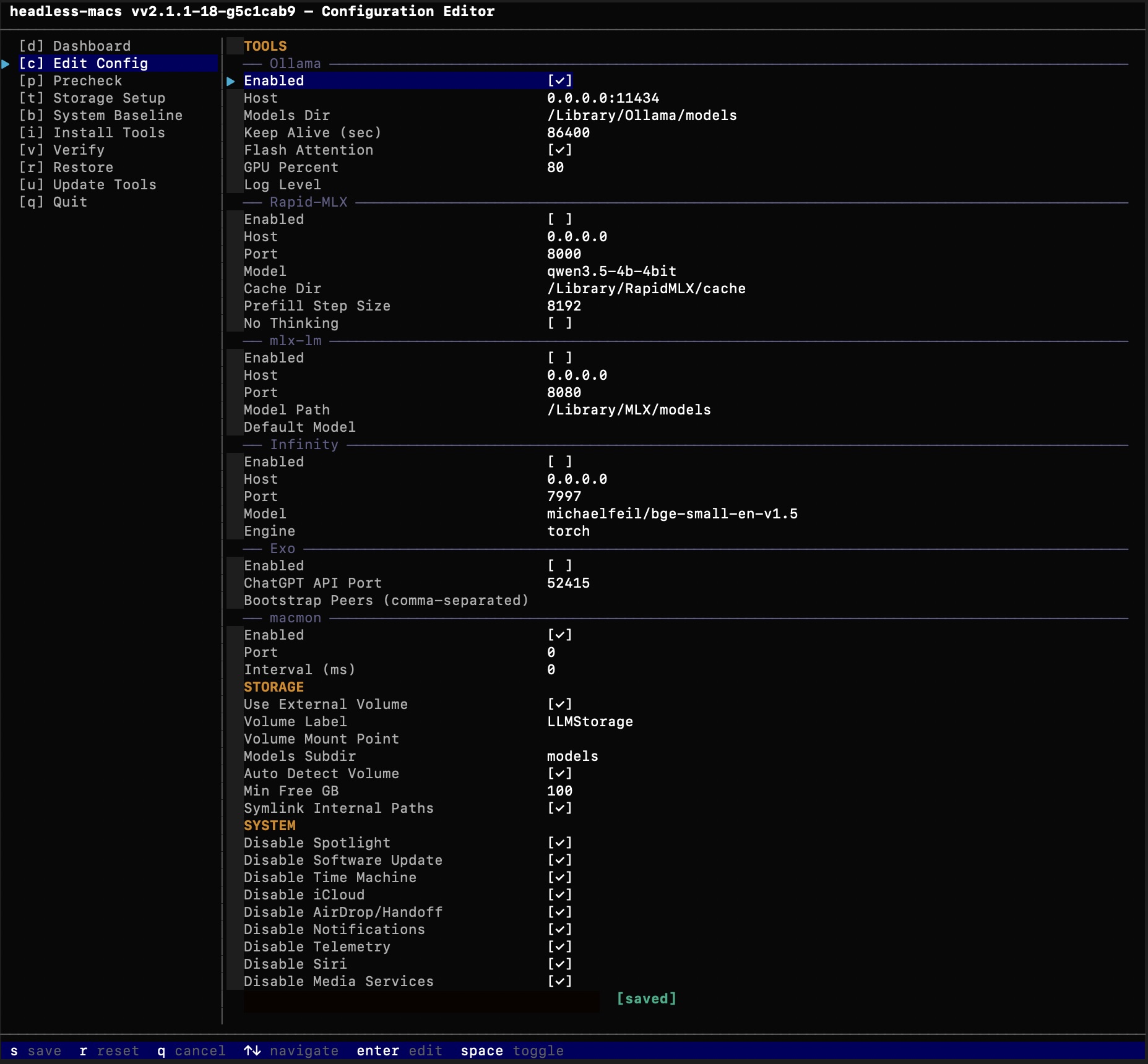 Configuration editor showing tool settings, macmon, and TUI fields