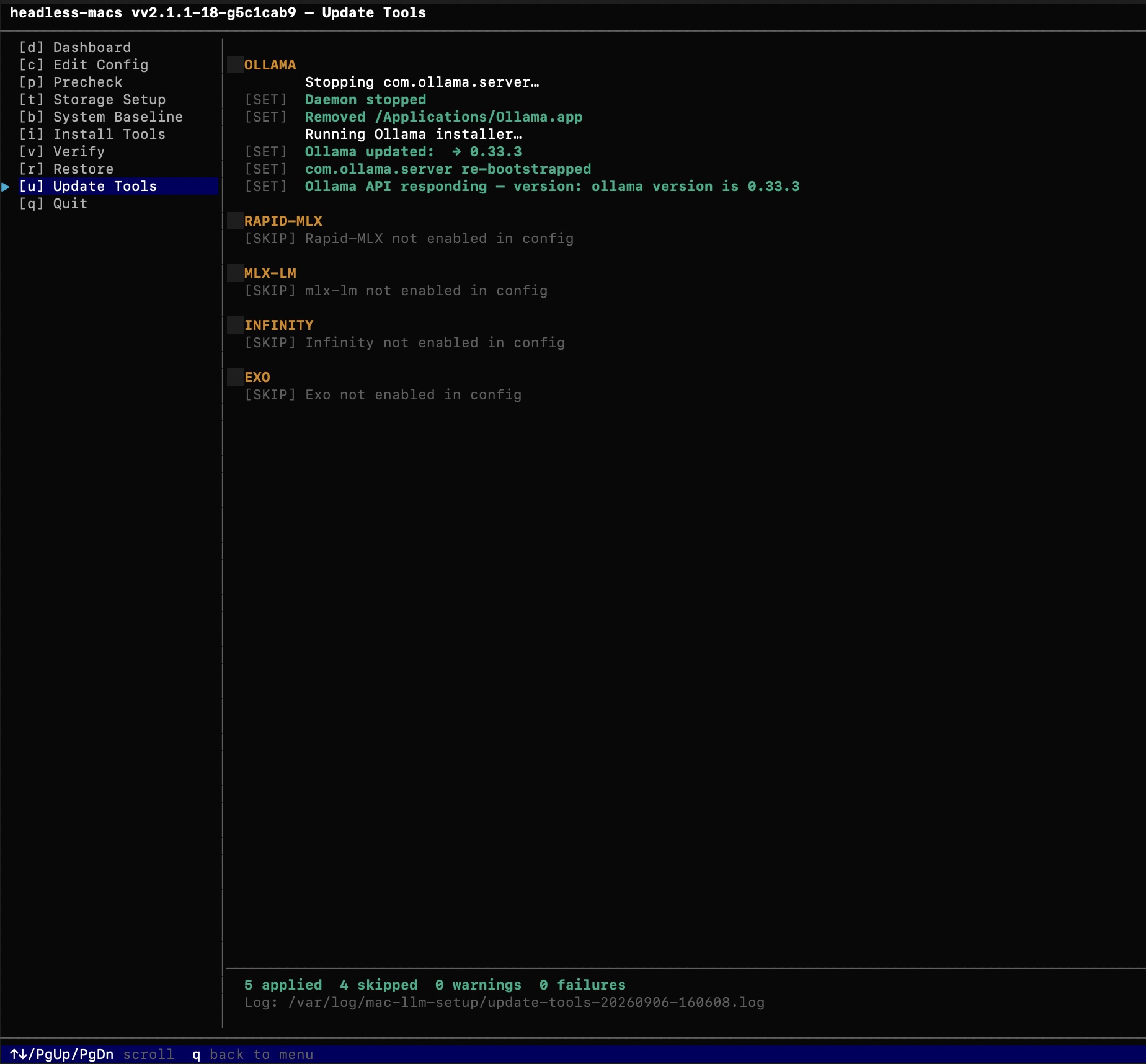 Update Tools run showing an Ollama version upgrade