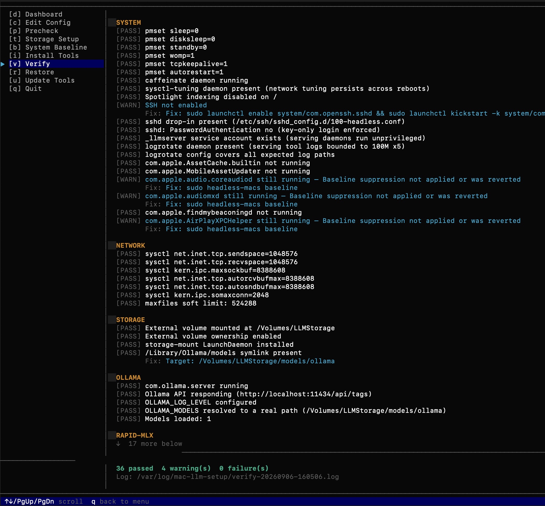 Verify screen showing 36 checks passed, 4 warnings on a configured node